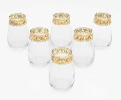 Vintage Glassware Set - 64 Oz Glass Pitcher with Handle and 6 Highball Drinking Glasses 11 Oz - Durable, Thick Glass - Gold Band Rim Design - Perfect for Gifting or Hosting Essentials