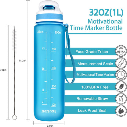 32Oz Water Bottle with Time Marker & Straw, Motivational Water Bottles with Times to Drink, Sport Water Bottle Leak Proof & BPA Free for School, Fitness, Work Blue