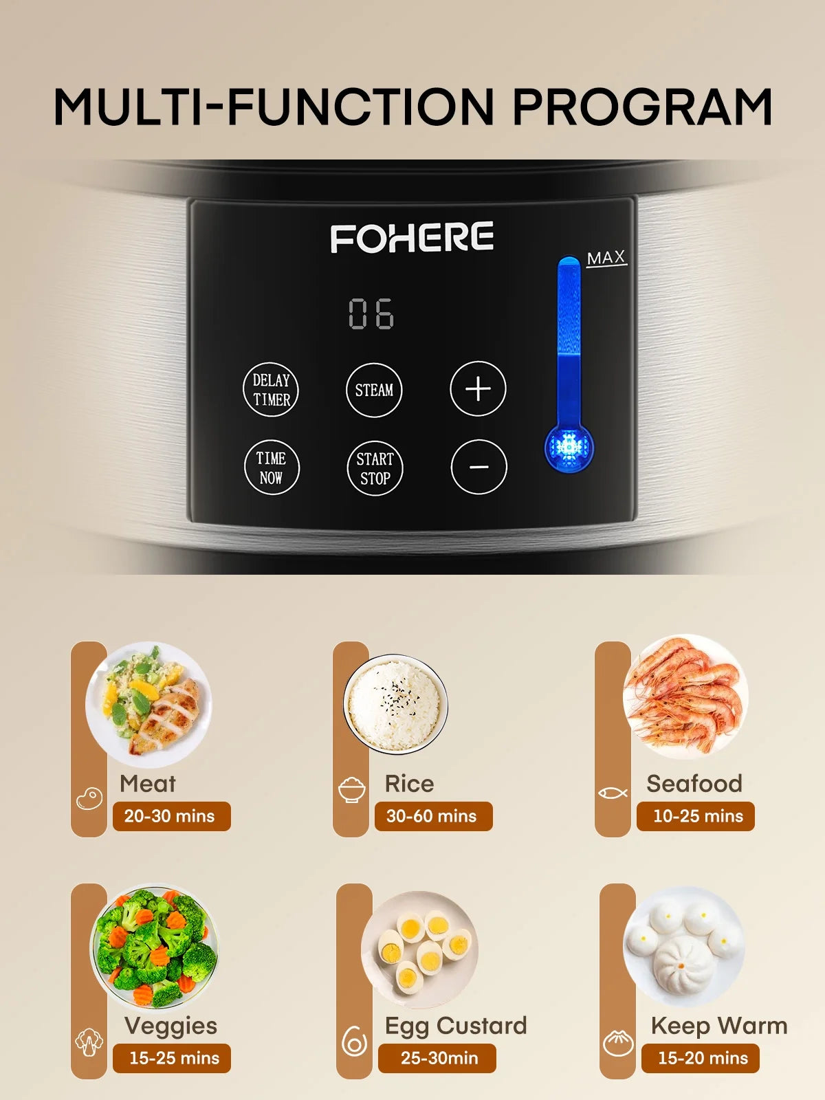 13QT Electric Cooking Steamer, with Delay Timer, 3-Tier Vegetable or Meat Food Steamer, 800W Fast Cooking