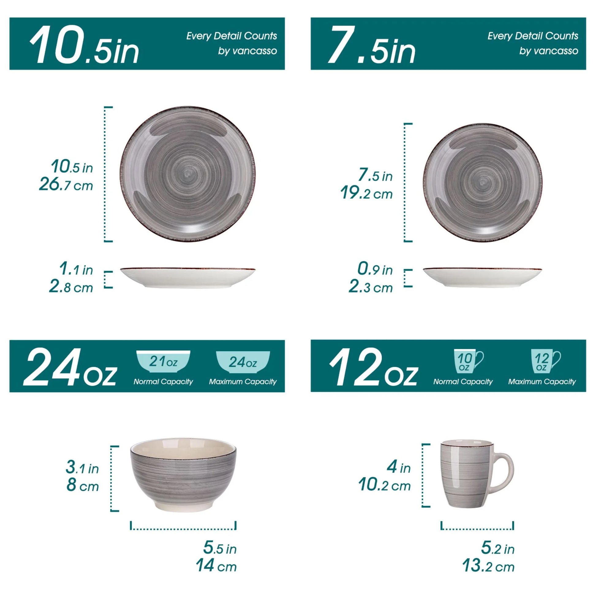 , Series Bella, 16 Piece Stoneware Dinnerware Set, Grey Dinner Set, Service for 4