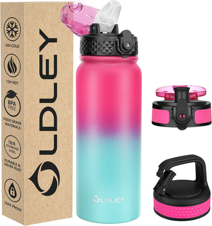 Insulated Water Bottle 12Oz Water Bottles with Straw, Stainless Steel Water Bottle with 2 Lids, Double Wall Vacuum Bottels for Adults Kids, Leak-Proof Sport Bottles for School Travel, Black