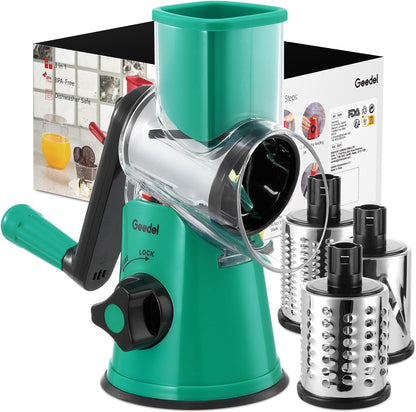 Rotary Cheese Grater, Kitchen Mandoline Vegetable Slicer with 3 Interchangeable Blades, Easy to Clean Rotary Grater Slicer for Cheese, Vegetables, Nuts