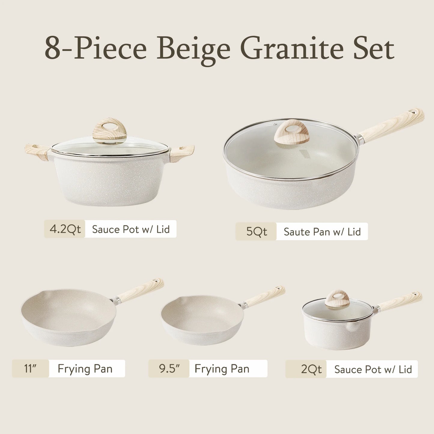 Nonstick Pots and Pans Set, 8 Pcs Induction Kitchen Cookware Sets (Beige Granite)