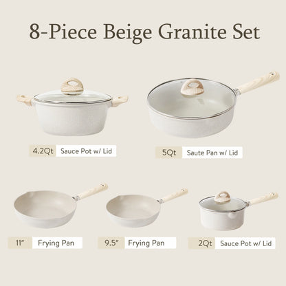 Nonstick Pots and Pans Set, 8 Pcs Induction Kitchen Cookware Sets (Beige Granite)