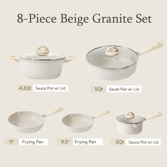 Nonstick Pots and Pans Set, 8 Pcs Induction Kitchen Cookware Sets (Beige Granite)