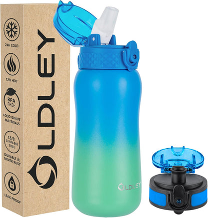 Insulated Water Bottle 12Oz Water Bottles with Straw, Stainless Steel Water Bottle with 2 Lids, Double Wall Vacuum Bottels for Adults Kids, Leak-Proof Sport Bottles for School Travel, Black