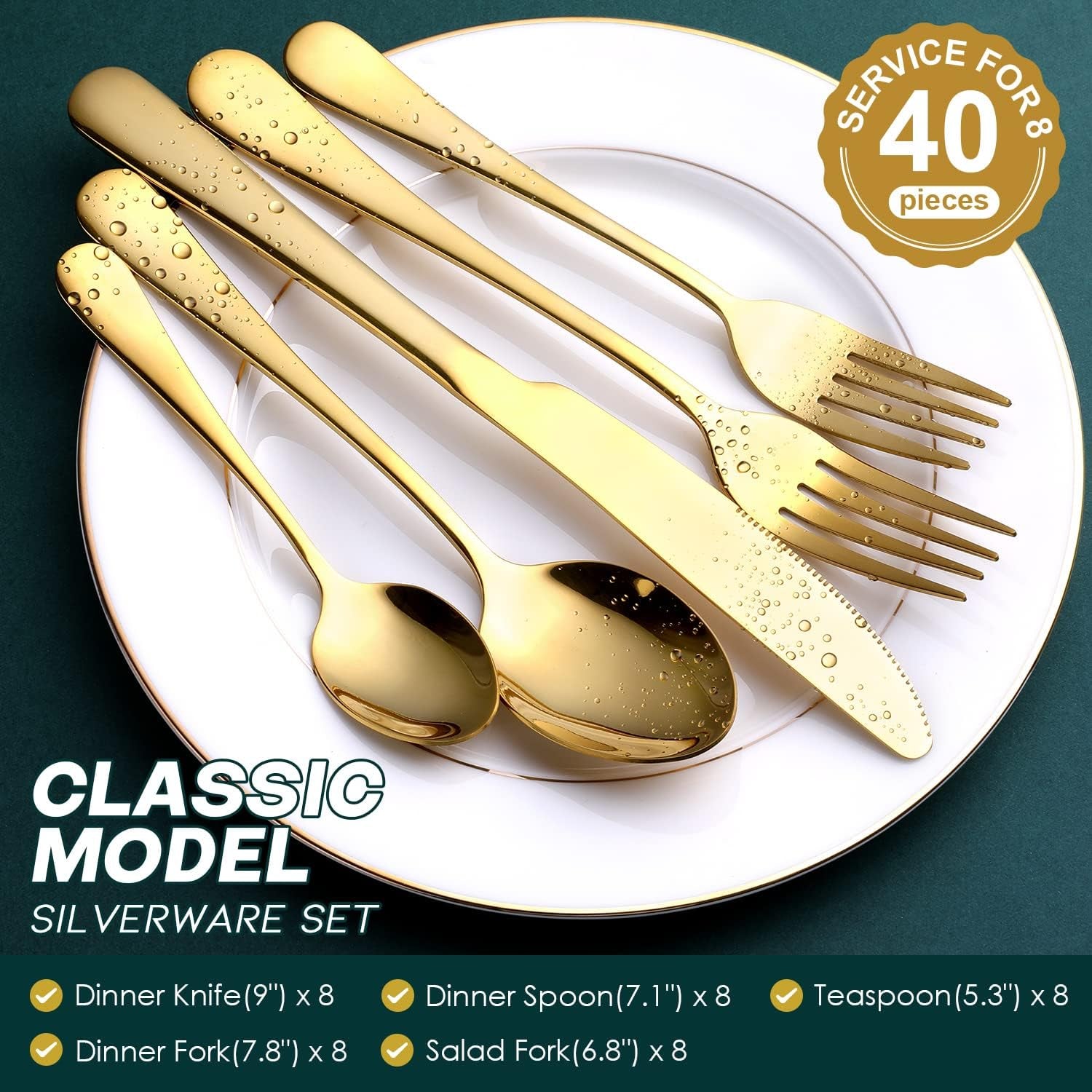Gold Silverware Set,  40-Piece Food Grade Stainless Steel Gold Flatware Set, Kitchen Utensil Set Service for 8, Mirror Polished Tableware Cutlery Set for Home and Restaurant, Dishwasher Safe