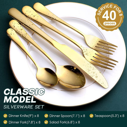 Gold Silverware Set,  40-Piece Food Grade Stainless Steel Gold Flatware Set, Kitchen Utensil Set Service for 8, Mirror Polished Tableware Cutlery Set for Home and Restaurant, Dishwasher Safe