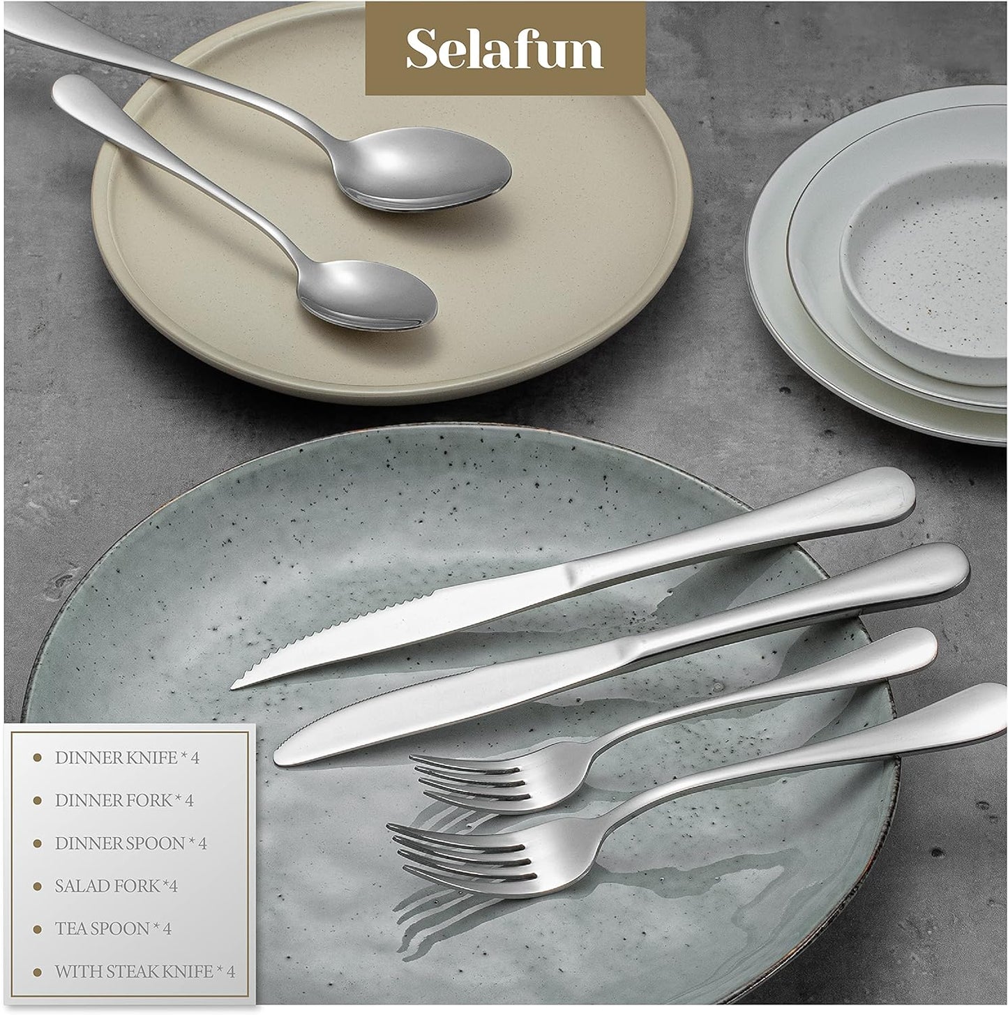24 Piece Silver Flatware Set.Stainless Steel Silverware Set.Titanium Plating Tableware Cutlery Set. Utensil Set for Kitchens. Dishwasher Safe(Service for 4)