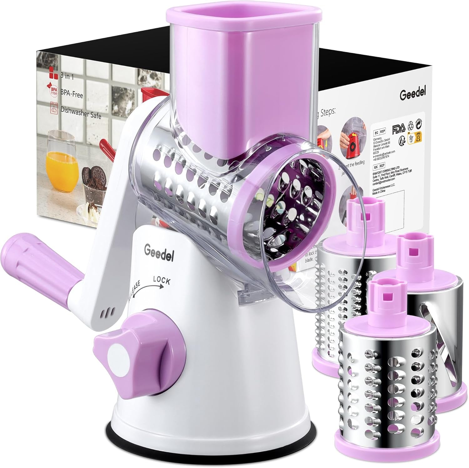 Rotary Cheese Grater, Kitchen Mandoline Vegetable Slicer with 3 Interchangeable Blades, Easy to Clean Rotary Grater Slicer for Cheese, Vegetables, Nuts