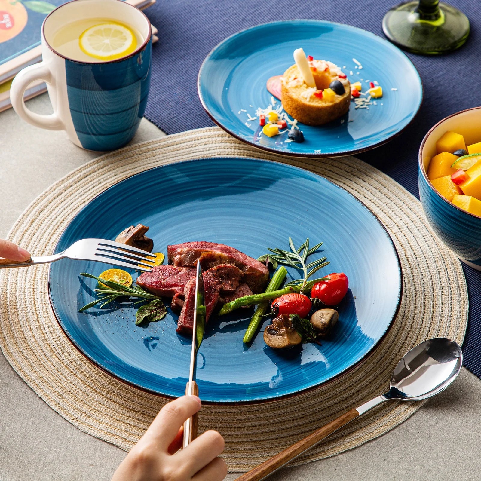 , Series Bella, 32 Piece Stoneware Dinnerware Set, Blue Dinner Set, Service for 8
