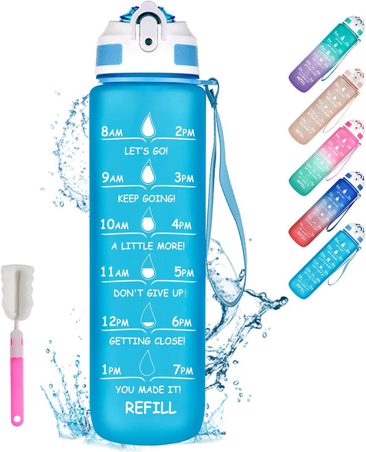 32Oz Water Bottle with Time Marker & Straw, Motivational Water Bottles with Times to Drink, Sport Water Bottle Leak Proof & BPA Free for School, Fitness, Work Blue