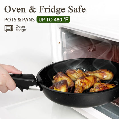 Pots and Pans Set, 6 Pcs Nonstick Pots and Pans with Removable Handle, Space-Saving Cookware Set for RV & Camping, Dishwasher and Oven Safe, Black