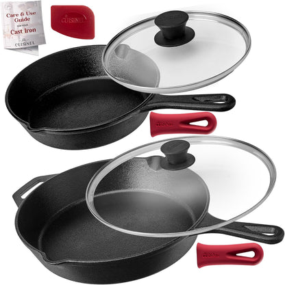 Cast Iron Skillet Set - 10" + 12" Frying Pan + Glass Lids + 2 Handle Cover Grips - Pre-Seasoned Oven Cookware - Indoor/Outdoor Use - Grill, Stovetop, Induction, BBQ, Camping, Fire Use