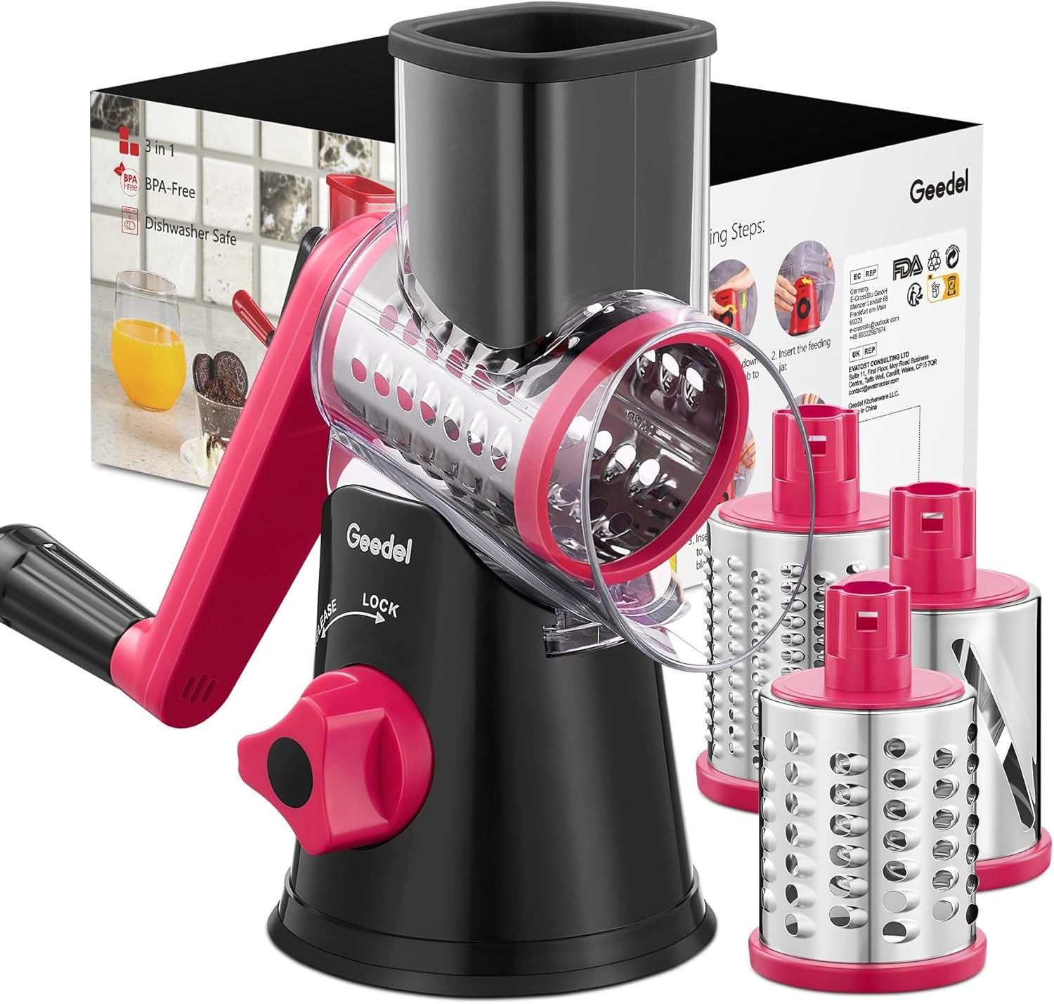 Rotary Cheese Grater, Kitchen Mandoline Vegetable Slicer with 3 Interchangeable Blades, Easy to Clean Rotary Grater Slicer for Cheese, Vegetables, Nuts