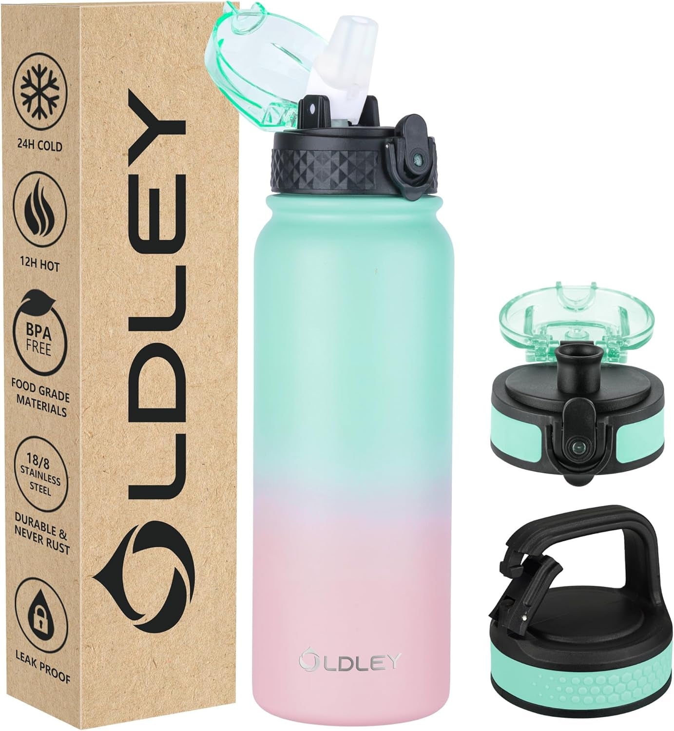 Insulated Water Bottle 12Oz Water Bottles with Straw, Stainless Steel Water Bottle with 2 Lids, Double Wall Vacuum Bottels for Adults Kids, Leak-Proof Sport Bottles for School Travel, Black
