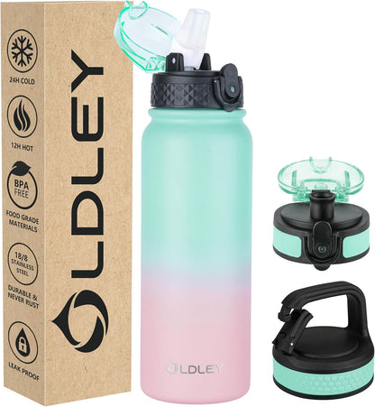 Insulated Water Bottle 12Oz Water Bottles with Straw, Stainless Steel Water Bottle with 2 Lids, Double Wall Vacuum Bottels for Adults Kids, Leak-Proof Sport Bottles for School Travel, Black