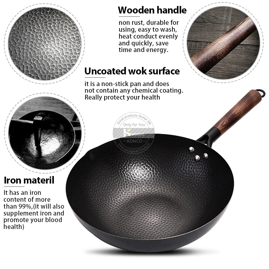 Konco Iron wok Cast iron pan Non-coated Pot General use for Gas and