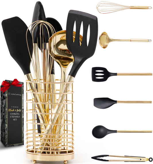 7PC Black and Gold Cooking Utensils Set with Holder - Black and Gold Kitchen Accessories