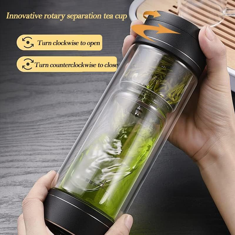 Portable Double Walled Glass Vacuum Tea Infuser Bottle Set with 2 Glass Cups Leakproof Rotating Separation Anti-Scalding with Infuser for Loose Tea 15.2OZ/450ML Black