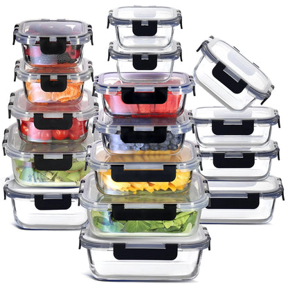 32Pc Glass Food Storage Containers with Lids, Airtight Glass Meal Prep Containers, Oven, Microwave & Freezer Safe Glass Storage Containers