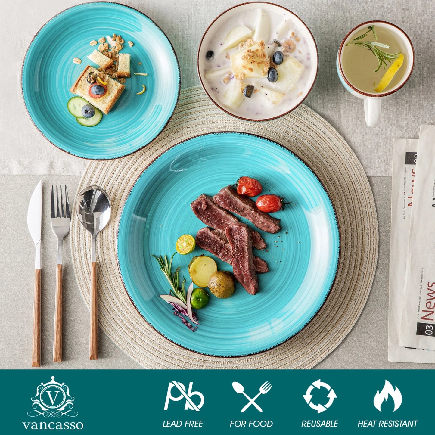 , Series Bella, 32 Piece Stoneware Dinnerware Set, Turquoise Dinner Set, Service for 8