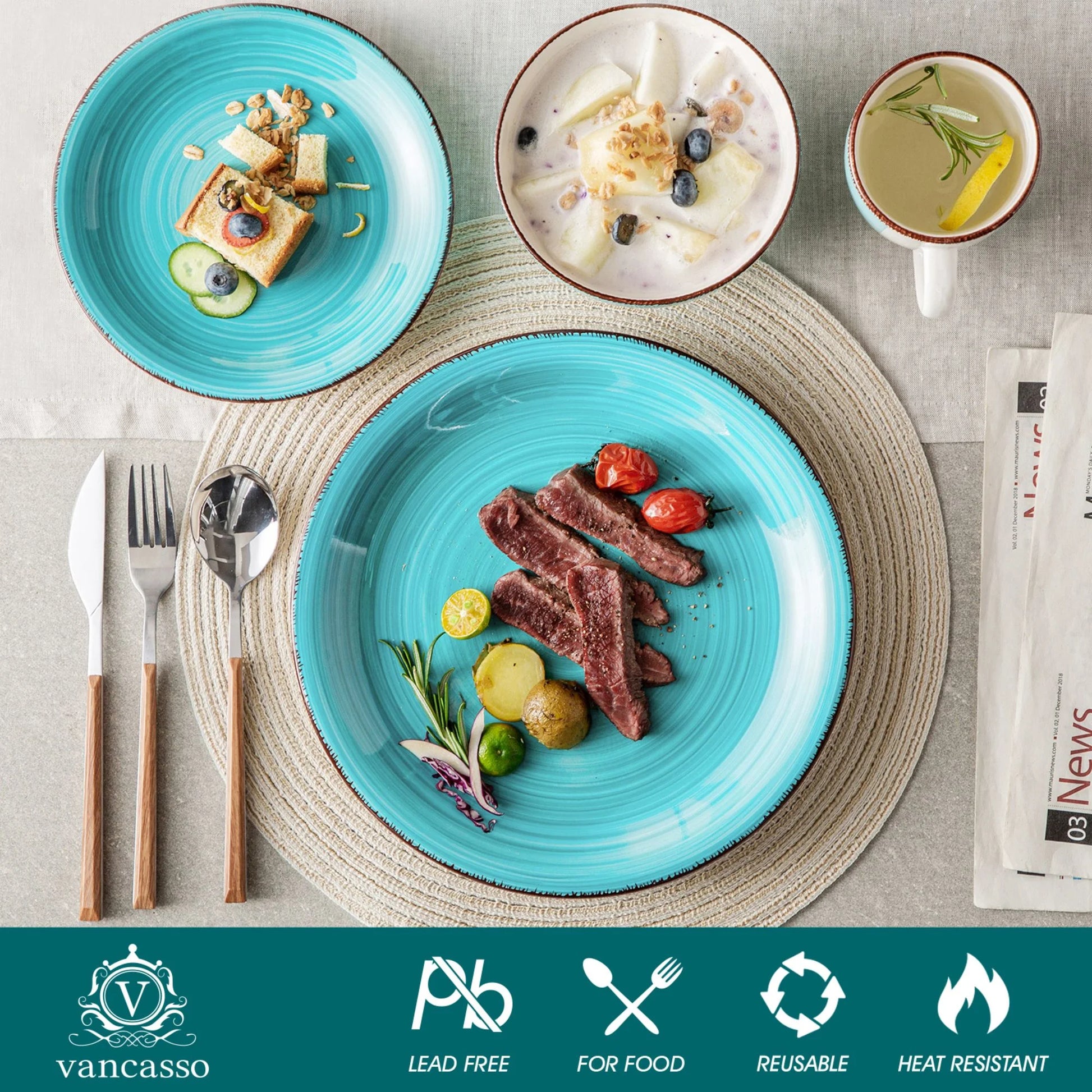 , Series Bella, 32 Piece Stoneware Dinnerware Set, Turquoise Dinner Set, Service for 8