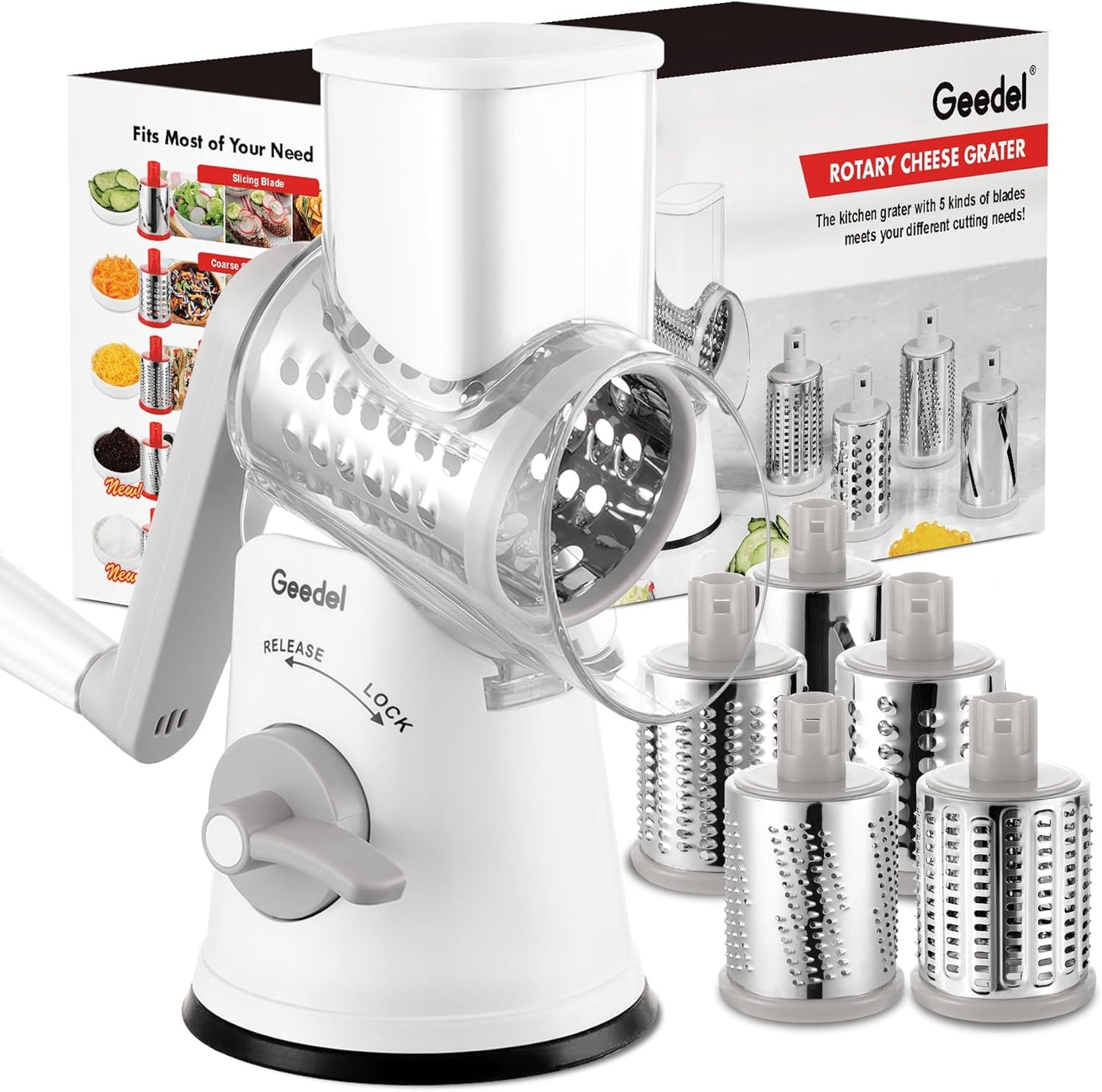 Rotary Cheese Grater, Kitchen Mandoline Vegetable Slicer with 3 Interchangeable Blades, Easy to Clean Rotary Grater Slicer for Cheese, Vegetables, Nuts