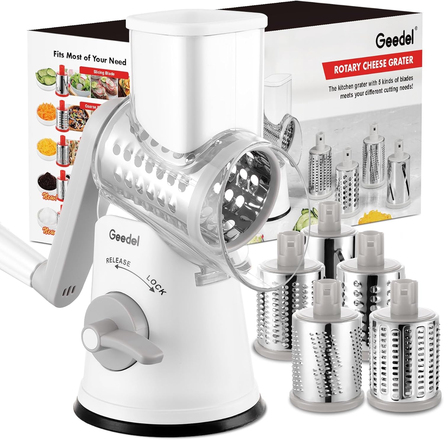 Rotary Cheese Grater, Kitchen Mandoline Vegetable Slicer with 3 Interchangeable Blades, Easy to Clean Rotary Grater Slicer for Cheese, Vegetables, Nuts