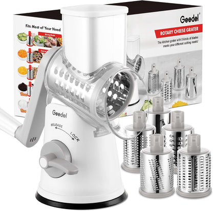 Rotary Cheese Grater, Kitchen Mandoline Vegetable Slicer with 3 Interchangeable Blades, Easy to Clean Rotary Grater Slicer for Cheese, Vegetables, Nuts