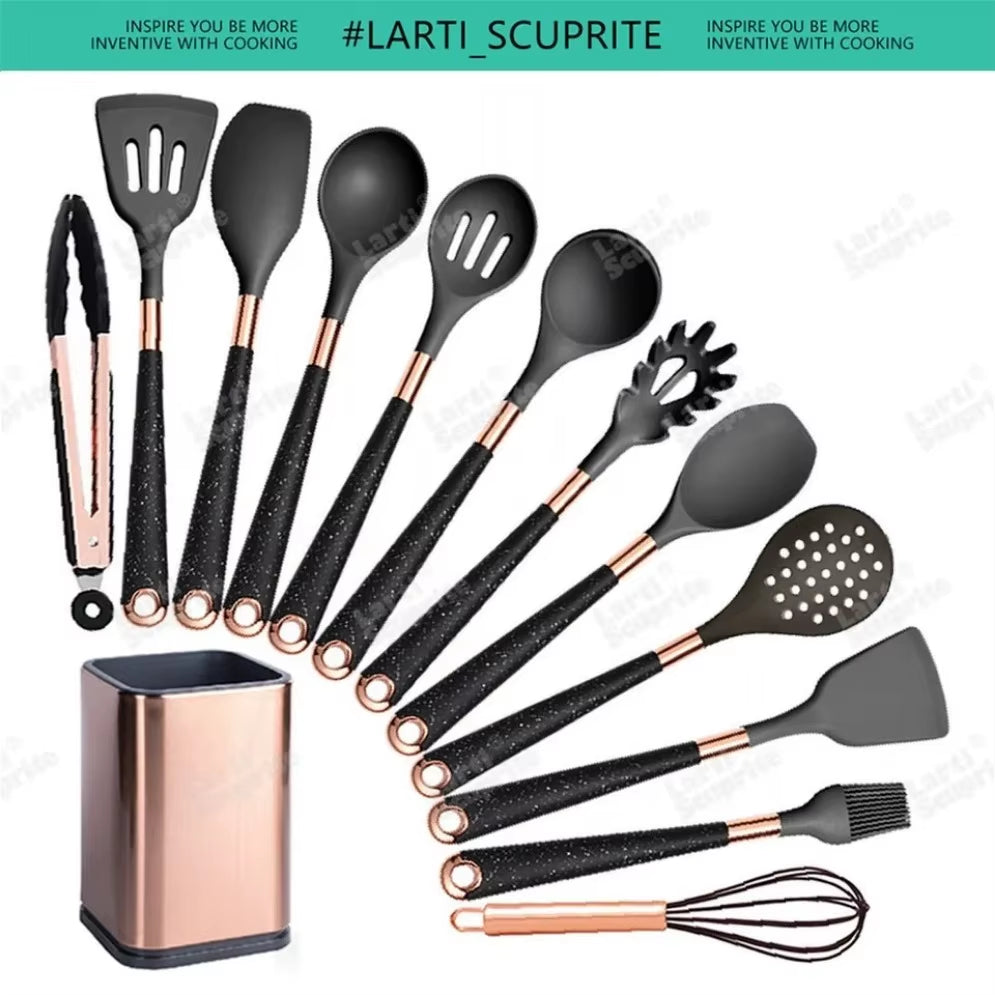 Gold Plated Handle Silicone Cooking Utensils Set Kitchen Non-Stick Tool Gadgets BPA FREE Kitchenware Heat Resistant Spatula Set
