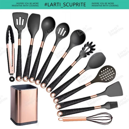 Gold Plated Handle Silicone Cooking Utensils Set Kitchen Non-Stick Tool Gadgets BPA FREE Kitchenware Heat Resistant Spatula Set