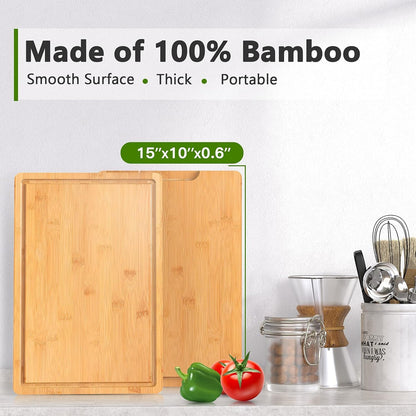 Bamboo Cutting Board Wood Kitchen Chopping Boards with Handle and Juice Groove for Meat (Medium Butcher Block, 15" X 10")