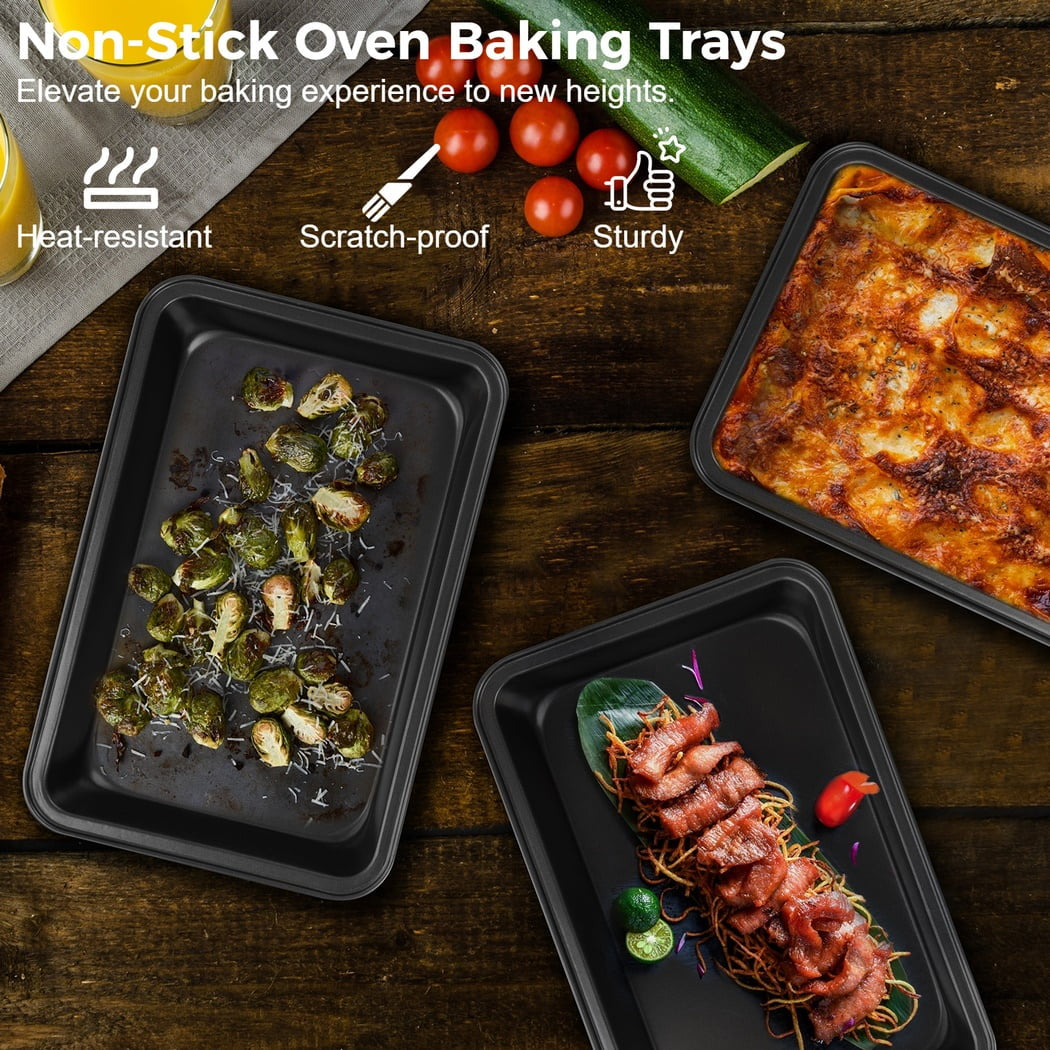 3PCS Non-Stick Oven Baking Trays, Carbon Steel Roasting Trays, 3-Sized Deep Baking Pan Set, Stackable Home Kitchen Baking Pans, Non- Stick Bakeware Set for Meat, Bread, Cookies