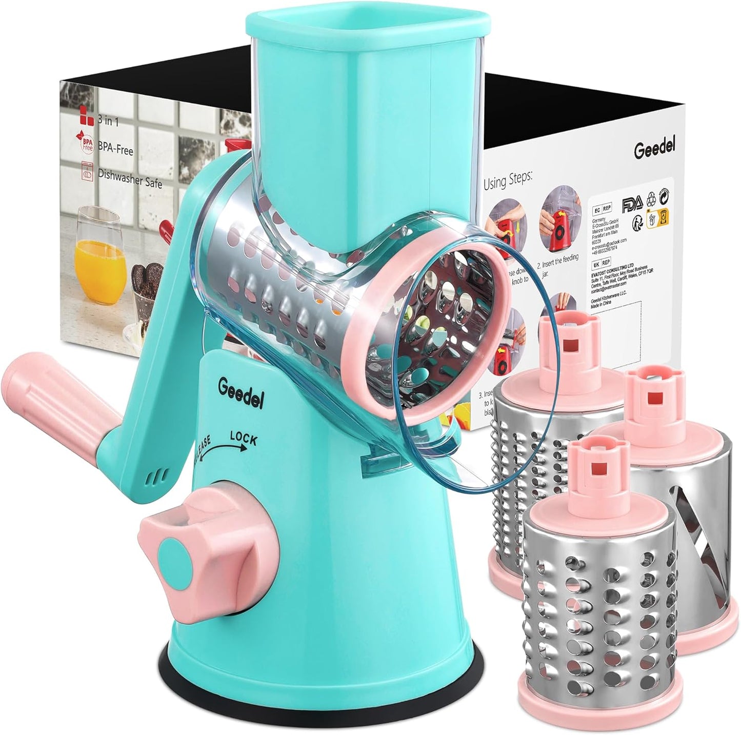Rotary Cheese Grater, Kitchen Mandoline Vegetable Slicer with 3 Interchangeable Blades, Easy to Clean Rotary Grater Slicer for Cheese, Vegetables, Nuts
