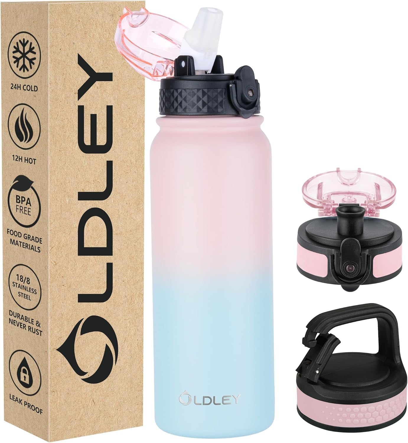Insulated Water Bottle 12Oz Water Bottles with Straw, Stainless Steel Water Bottle with 2 Lids, Double Wall Vacuum Bottels for Adults Kids, Leak-Proof Sport Bottles for School Travel, Black