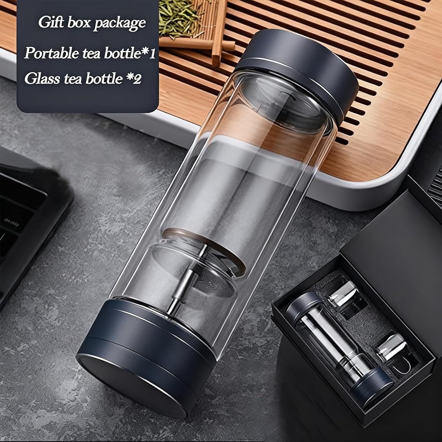 Portable Double Walled Glass Vacuum Tea Infuser Bottle Set with 2 Glass Cups Leakproof Rotating Separation Anti-Scalding with Infuser for Loose Tea 15.2OZ/450ML Black