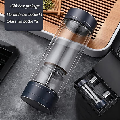 Portable Double Walled Glass Vacuum Tea Infuser Bottle Set with 2 Glass Cups Leakproof Rotating Separation Anti-Scalding with Infuser for Loose Tea 15.2OZ/450ML Black