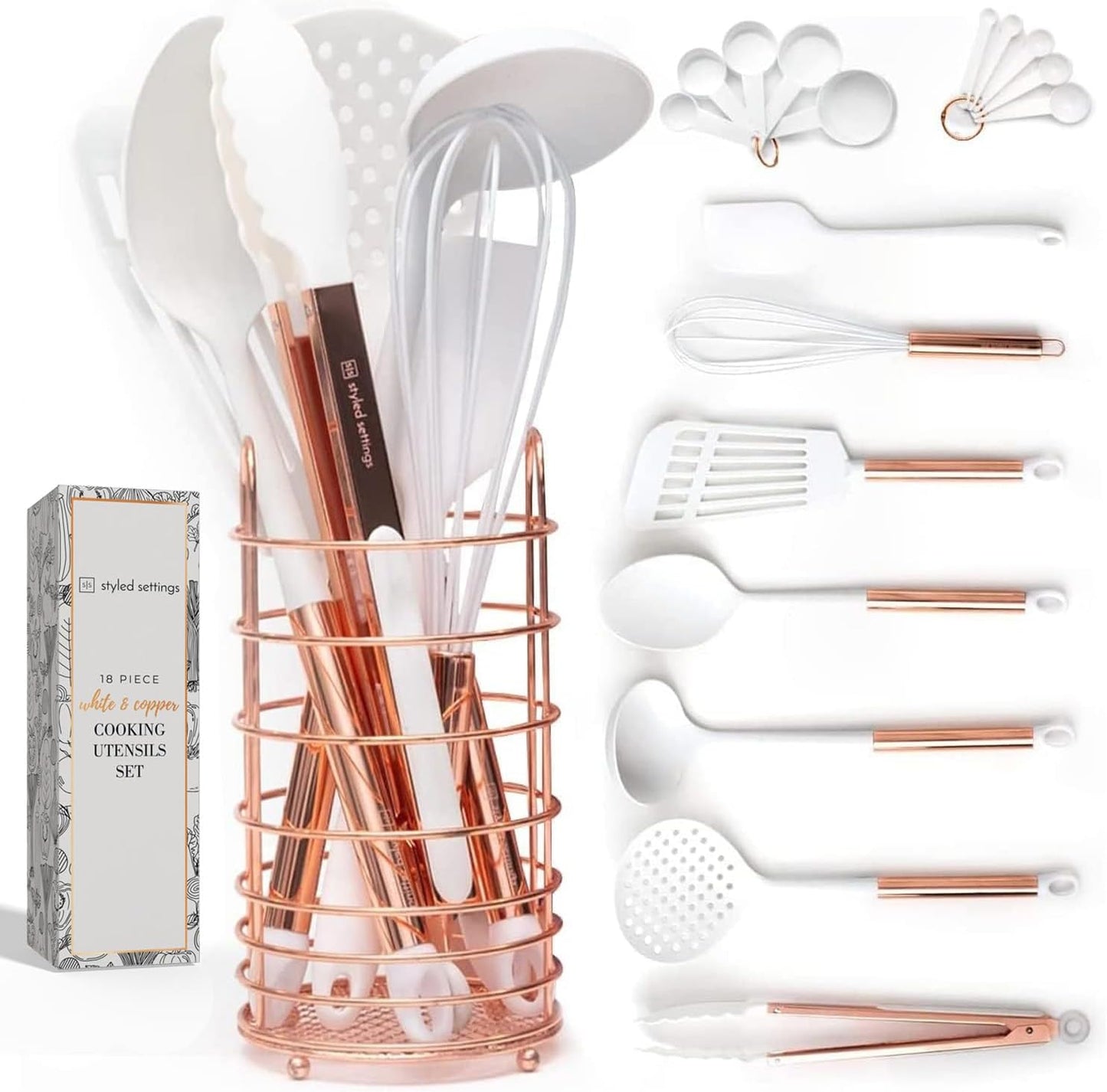 White & Copper Kitchen Utensils - 18 PC Set Includes Utensil Holder, Measuring Cups & Spoons, Rose Gold Accessories