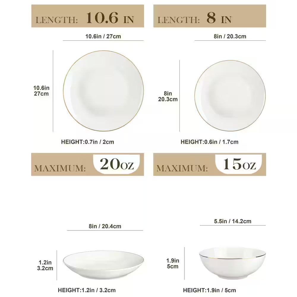 Jera 16-Piece White with Gold Trim Bone China Dinnerware Set (Service for 4)