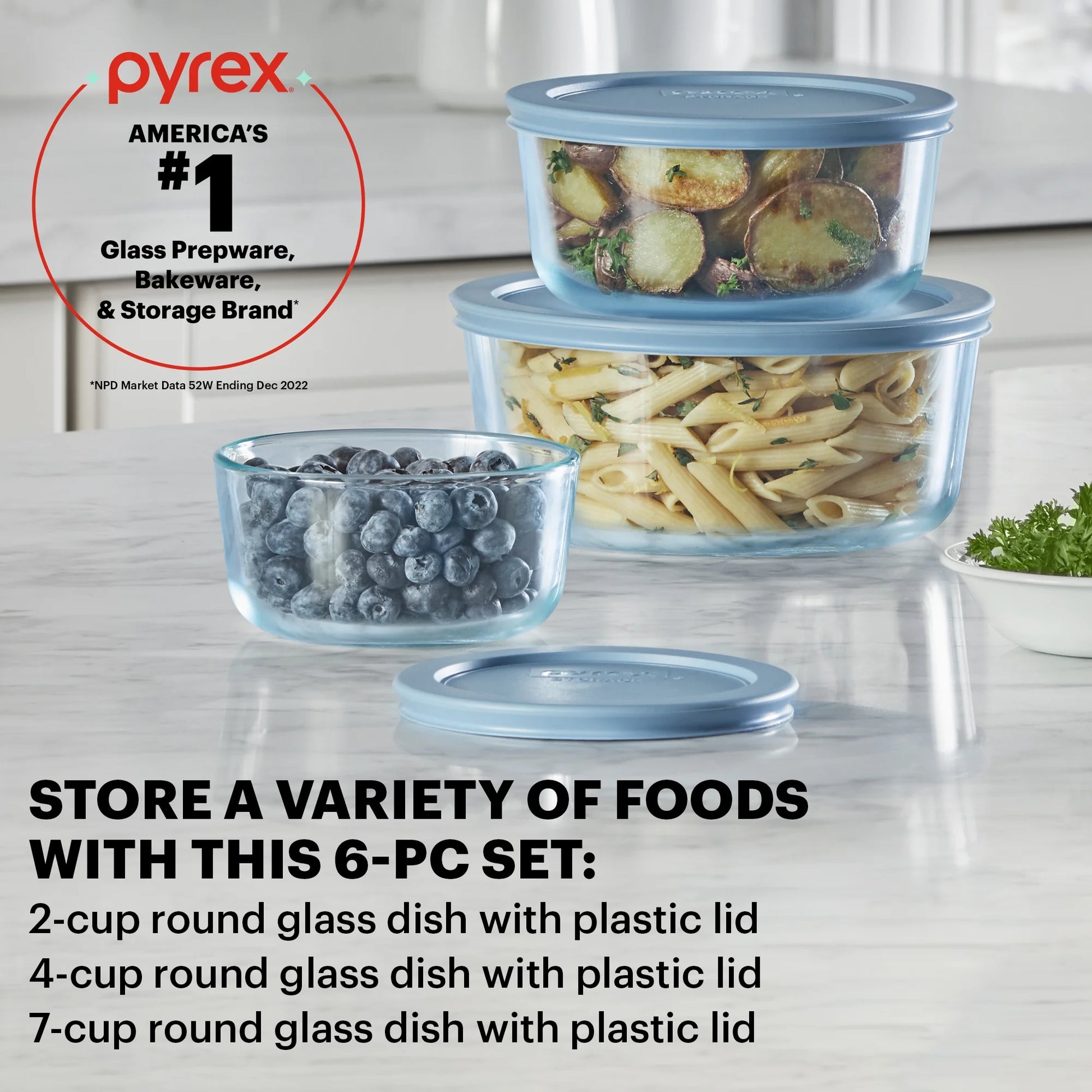 Simply Store Tinted 6-Piece round Glass Storage Set with 2C/4C/7C and Airtight Lids, Blue