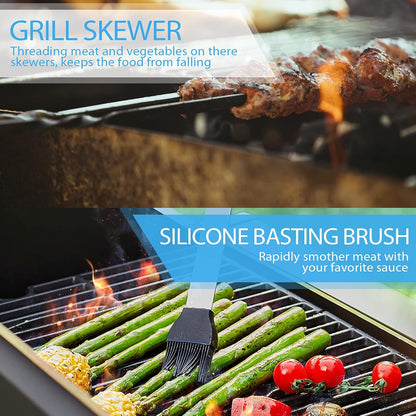 18 Pcs BBQ Grill Accessories, Grilling Utensils Set, Stainless-Steel Skewers, Spatula, Fork, Basting Brush, Tongs and Utensils Bundle -Perfect for Men Women Cooking Indoor or Outdoor Camping Backyard