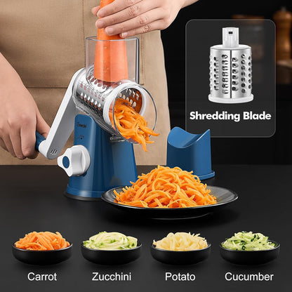 Rotary Cheese Grater, Kitchen Mandoline Vegetable Slicer with 3 Interchangeable Blades, Easy to Clean Rotary Grater Slicer for Cheese, Vegetables, Nuts