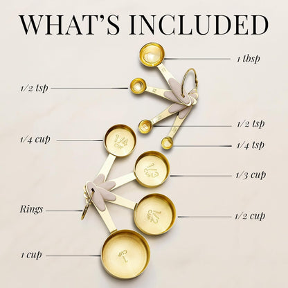 Gold Measuring Cups and Spoons Set – 8-Piece Brass Measuring Set with Beige Silicone Handles for Comfortable Grip – Stainless Steel, Stackable, Gold Kitchen Accessories for Baking & Cooking