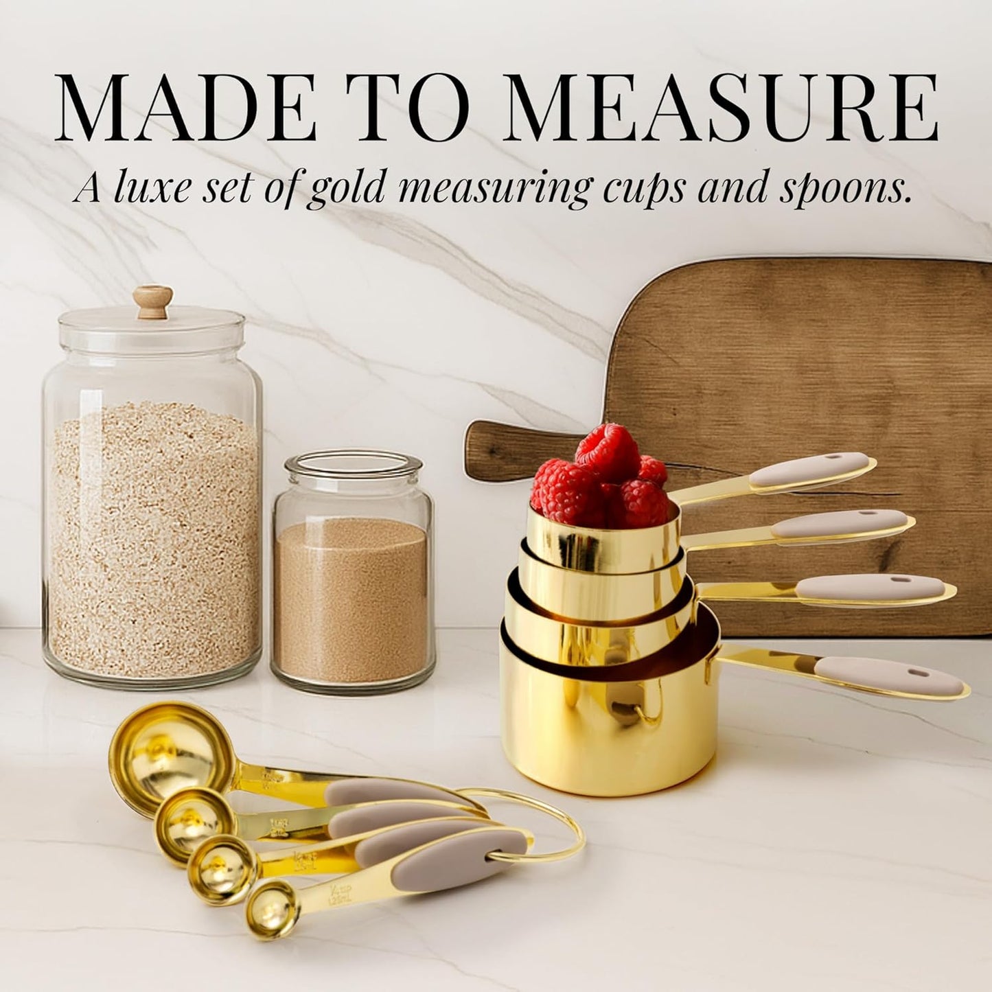 Gold Measuring Cups and Spoons Set – 8-Piece Brass Measuring Set with Beige Silicone Handles for Comfortable Grip – Stainless Steel, Stackable, Gold Kitchen Accessories for Baking & Cooking