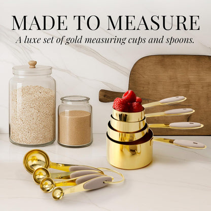 Gold Measuring Cups and Spoons Set – 8-Piece Brass Measuring Set with Beige Silicone Handles for Comfortable Grip – Stainless Steel, Stackable, Gold Kitchen Accessories for Baking & Cooking