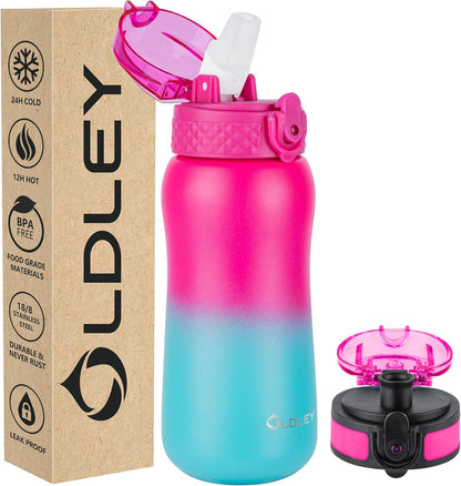 Insulated Water Bottle 12Oz Water Bottles with Straw, Stainless Steel Water Bottle with 2 Lids, Double Wall Vacuum Bottels for Adults Kids, Leak-Proof Sport Bottles for School Travel, Black