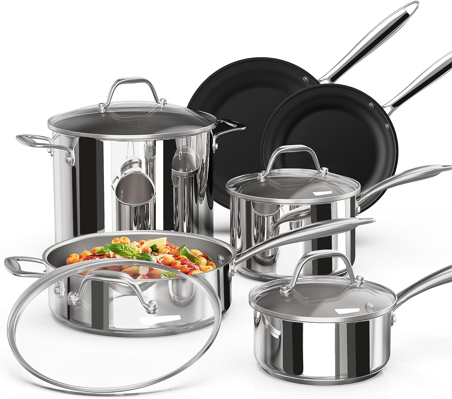 Whole Tri-Ply 18/10 Stainless Steel Cookware Set, 10 Pcs Elegant Copper Pots and Pans Set, Induction Cookware, Frying Pans, Saucepans & Stock Pot with Lid, Ideal Gift for Wedding, Housewarming