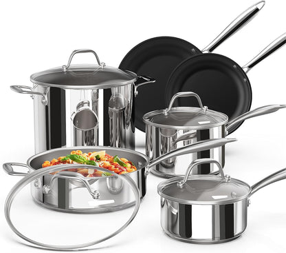 Whole Tri-Ply 18/10 Stainless Steel Cookware Set, 10 Pcs Elegant Copper Pots and Pans Set, Induction Cookware, Frying Pans, Saucepans & Stock Pot with Lid, Ideal Gift for Wedding, Housewarming