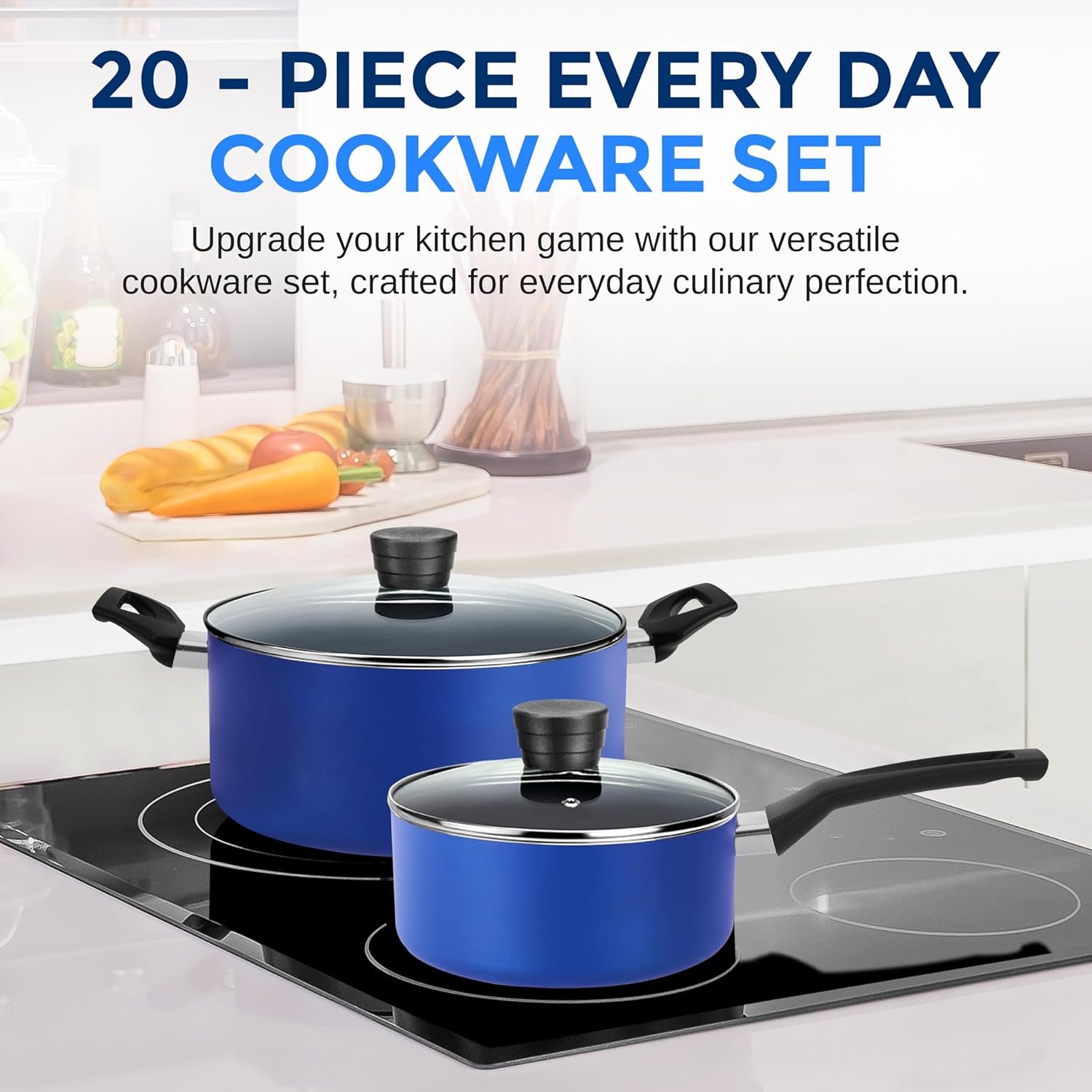 20-Piece Blue Cookware and Knives Set - Includes Multi-Sized Nonstick Pots and Pans with Lids and Utensils, Heat Resistant, Dishwasher Safe